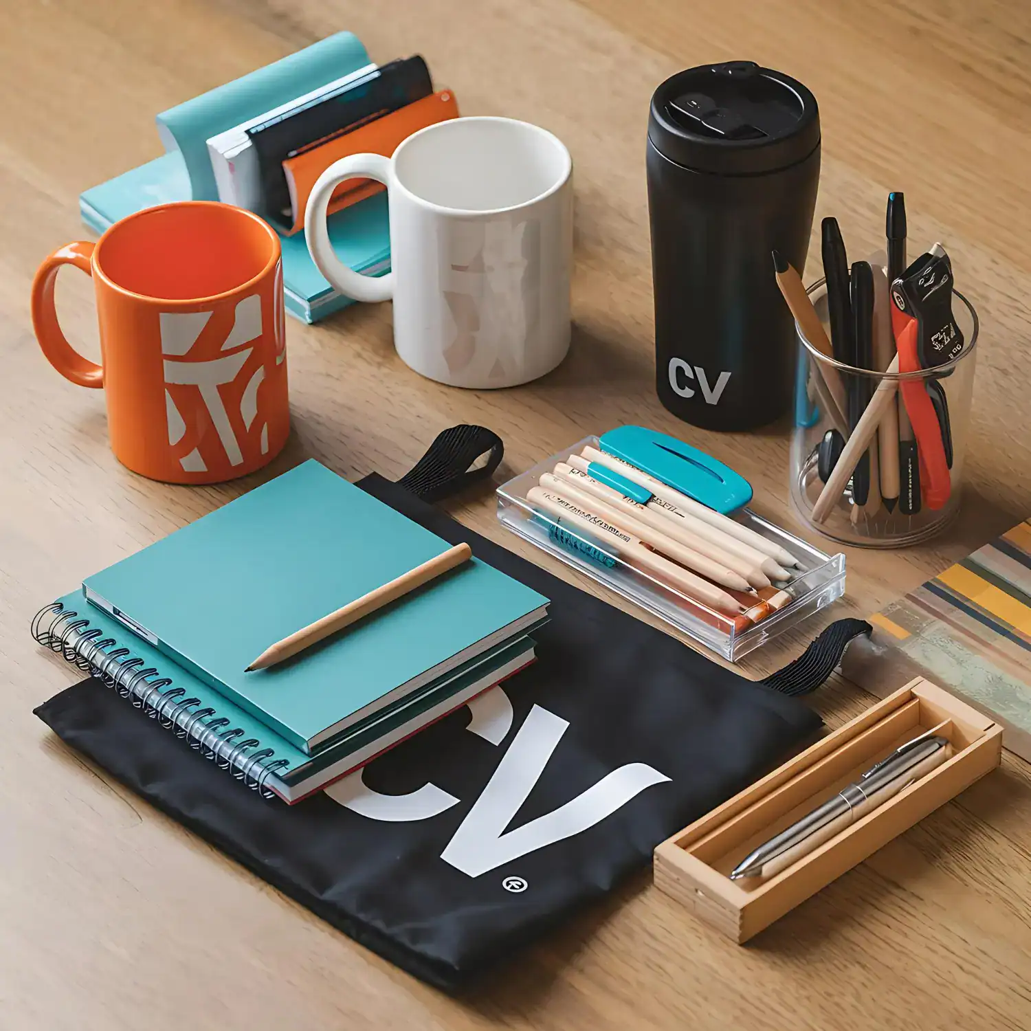 A neatly arranged set of branded stationery and accessories on a wooden table, including notebooks, pencils, pens, mugs, a travel tumbler, and a tote bag, all featuring clean, modern designs.