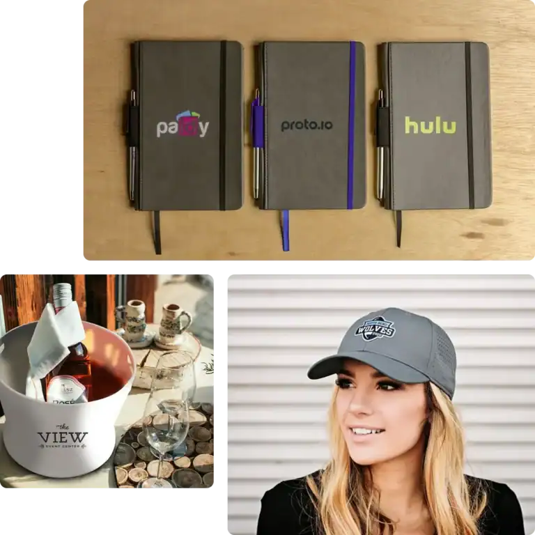 Collage of branded promotional items including three custom notebooks with logos for Padsy, Proto.io, and Hulu; a white wine bucket labeled “The View”; and a woman wearing a gray sports team cap, showcasing a range of swag and corporate gift options