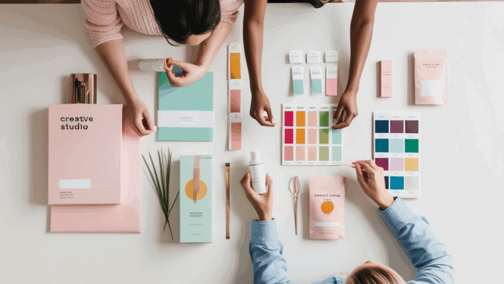 Four people review pastel-colored packaging mockups, color swatches, and sample products laid out on a white table during a brand planning session, illustrating the creative side of company swag