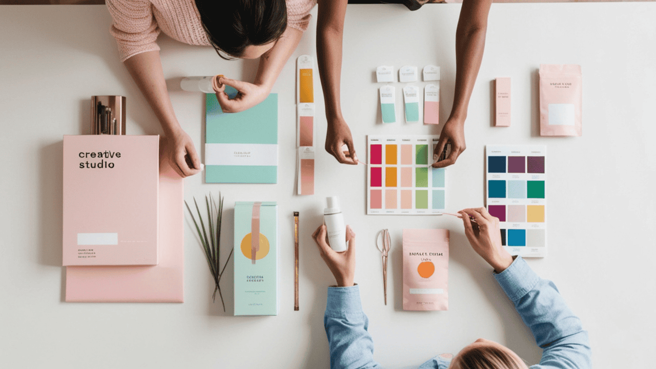 Four people review pastel-colored packaging mockups, color swatches, and sample products laid out on a white table during a brand planning session, illustrating the creative side of company swag